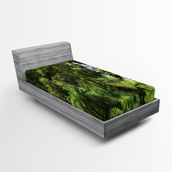 Ambesonne Tropical Fitted Sheet, Rainforest Fall River, Twin XL Size, Green