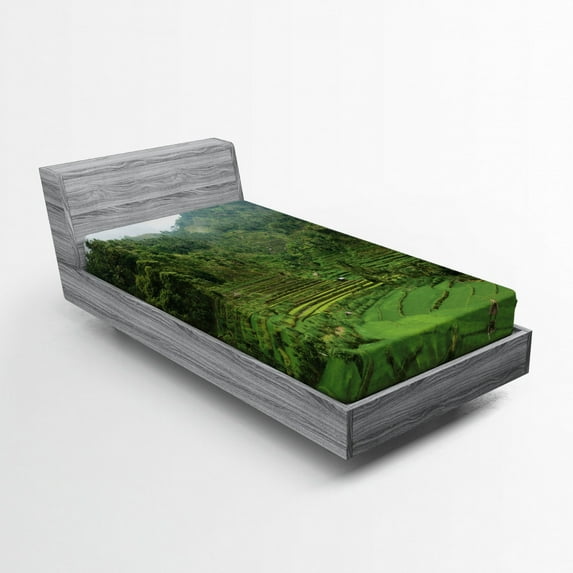 Ambesonne Tropical Fitted Sheet, Rice Paddies, Twin Size, Green