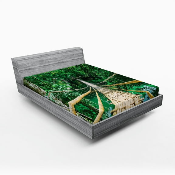 Ambesonne Tropical Fitted Sheet, River Bridge of Forest, Queen Size, Beige and Green