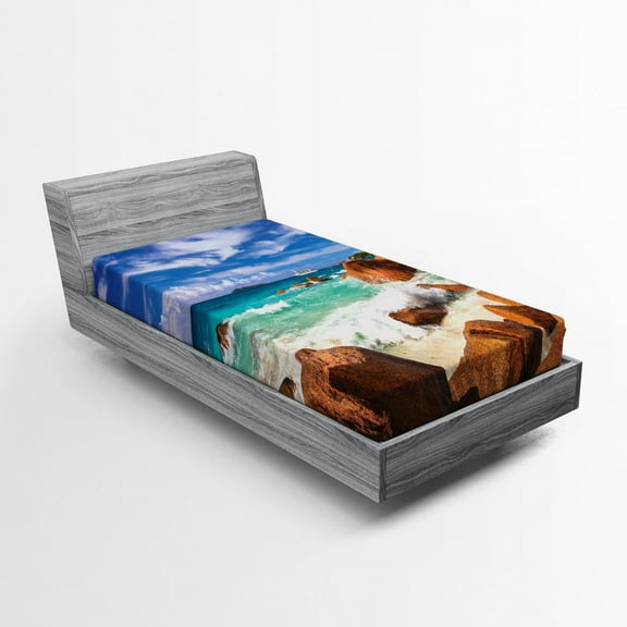 Ambesonne Tropical Fitted Sheet, Rocky Coast Seychelles, Twin Size, Cinnamon Blue Turquoise