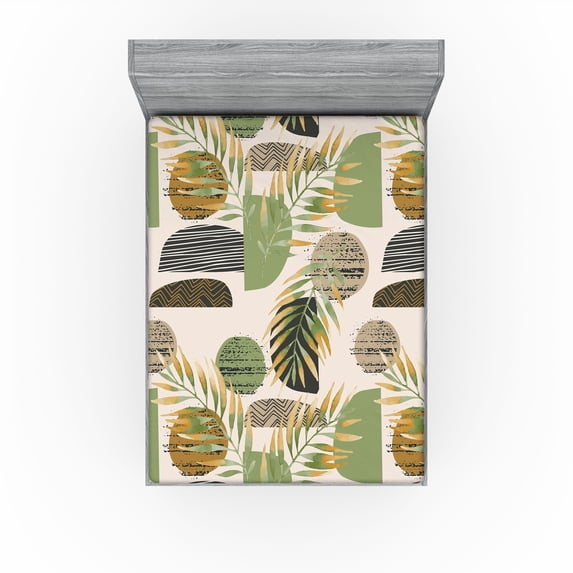 Ambesonne Tropical Fitted Sheet, Semicircles Foliage Plot, Full Size, Pale Olive Green Amber