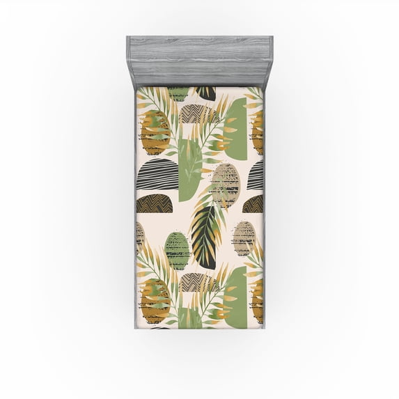 Ambesonne Tropical Fitted Sheet, Semicircles Foliage Plot, Twin Size, Pale Olive Green Amber