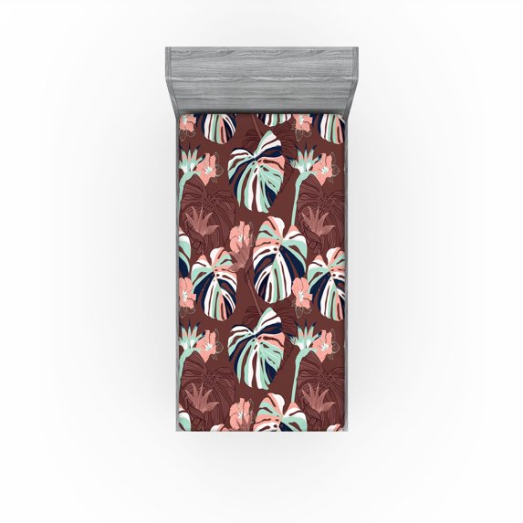 Ambesonne Tropical Fitted Sheet, Simplified Exotic Flora, Twin Size, Pale Salmon Seafoam