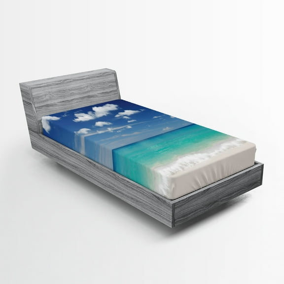 Ambesonne Tropical Fitted Sheet, Summer Beach Coast, Twin Size, Blue Turquoise White