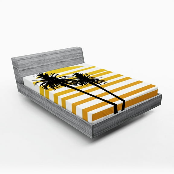 Ambesonne Tropical Fitted Sheet, Summer Holiday Graphic, Full Size, Apricot Yellow Black