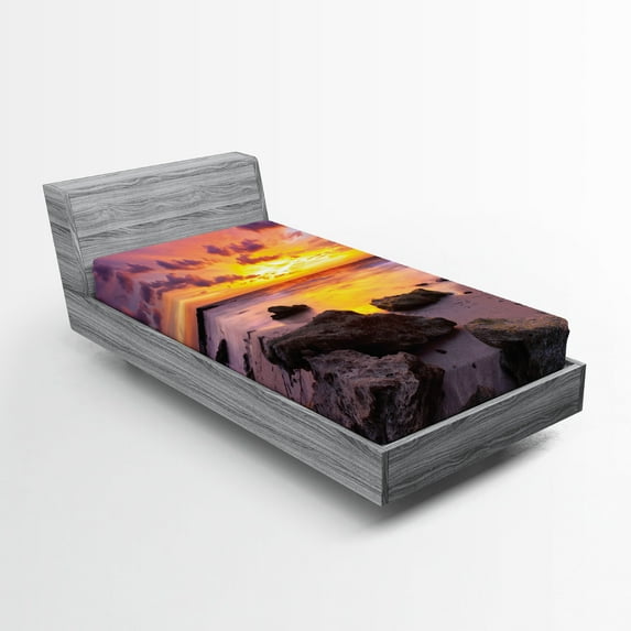 Ambesonne Tropical Fitted Sheet, Sunset Idyllic Beach, Twin XL Size, Mauve Salmon Lilac