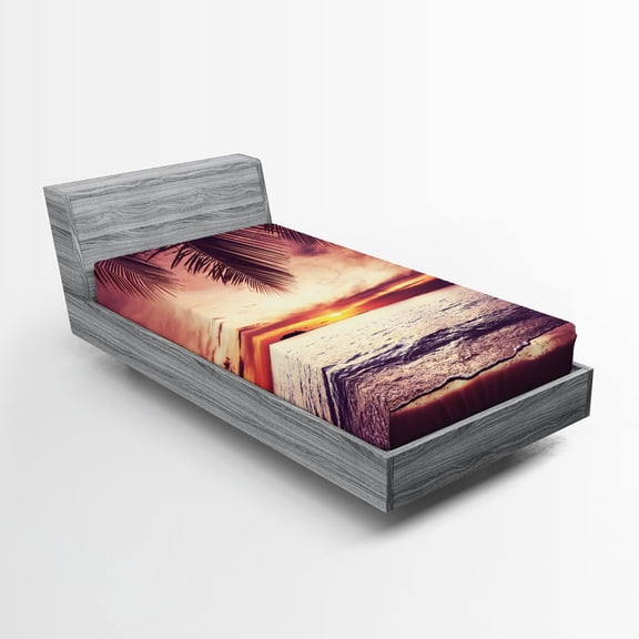 Ambesonne Tropical Fitted Sheet, Sunset Ocean Waves, Twin XL Size, Yellow