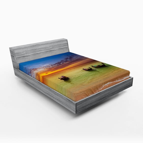 Ambesonne Tropical Fitted Sheet, Thailand Boat in Ocean, Full Size, Multicolor