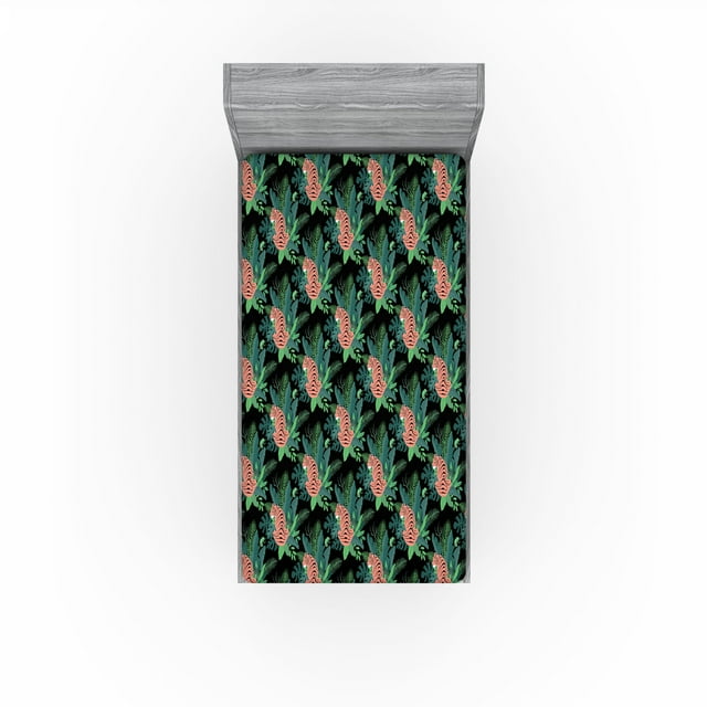 Ambesonne Tropical Fitted Sheet, Tiger and Chameleon Print, Twin XL Size, Salmon Peacock Green