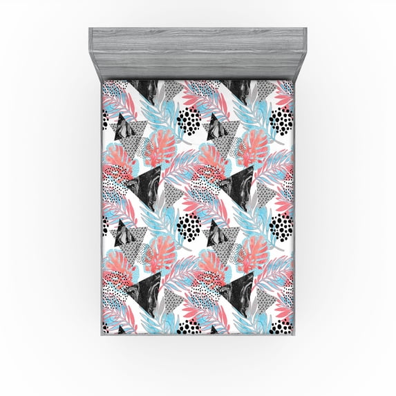 Ambesonne Tropical Fitted Sheet, Triangle Exotic Foliage, Queen Size, Dark Coral and Sea Blue