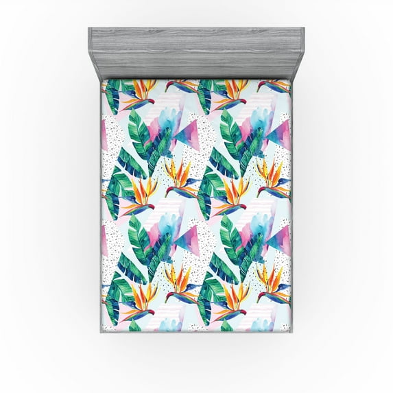 Ambesonne Tropical Fitted Sheet, Triangle Paradise Flower, Queen Size, Sea Green and Dark Teal