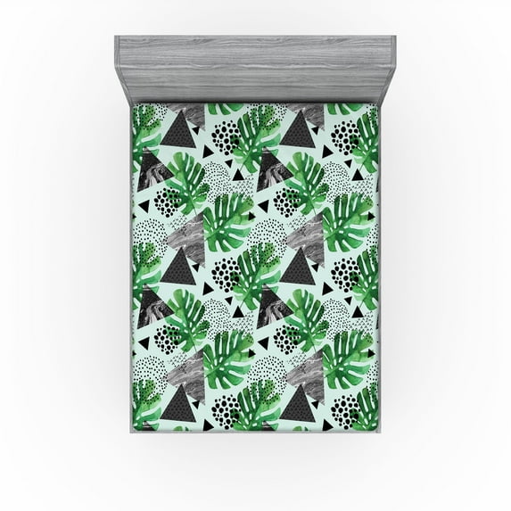 Ambesonne Tropical Fitted Sheet, Triangles Exotic Leaf Art, Full Size, Fern Green and Dark Grey