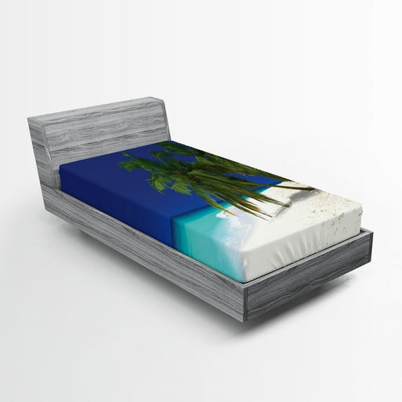 Ambesonne Tropical Fitted Sheet, Untouched Coastline, Twin XL Size, Navy Blue White
