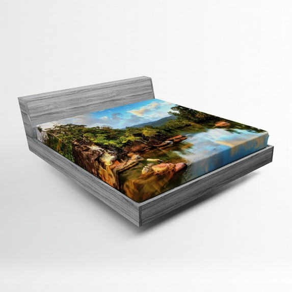 Ambesonne Tropical Fitted Sheet, View of Jungle River, Queen Size, Multicolor