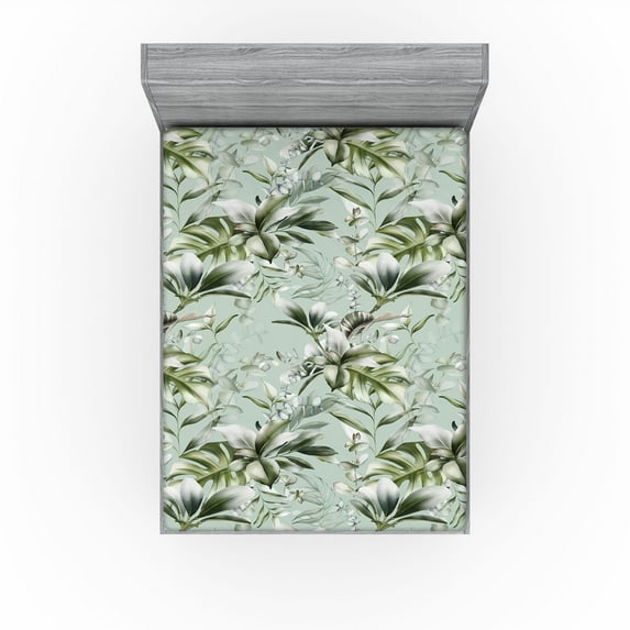 Ambesonne Tropical Fitted Sheet, Vintage Jungle Foliage Art, Queen Size, Olive Green and Pale Seafoam