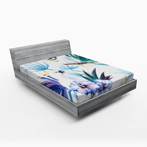 Ambesonne Tropical Fitted Sheet, Watercolor Parrot Palm, Queen Size, Multicolor
