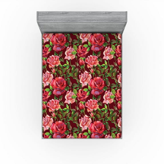 Ambesonne Tropical Fitted Sheet, Watercolor Rose Repeating, King Size, Dark Salmon Fern Green