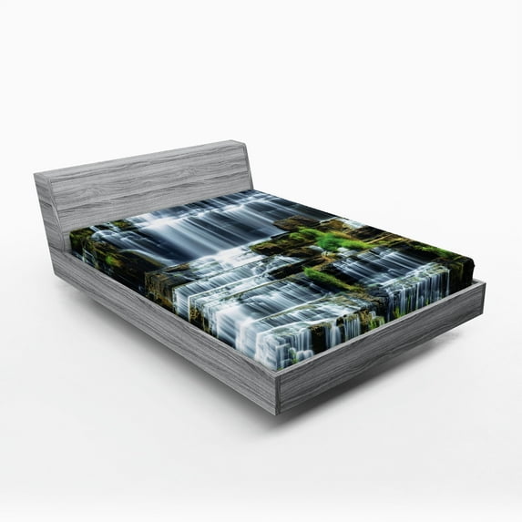 Ambesonne Tropical Fitted Sheet, Waterfall Jungle Rural, Full Size, Green White