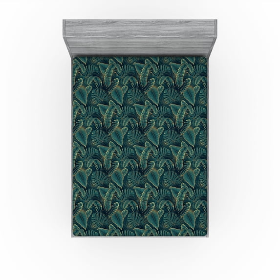 Ambesonne Tropical Fitted Sheet, Wild Realistic Look Leaves, Queen Size, Forest Green Amber