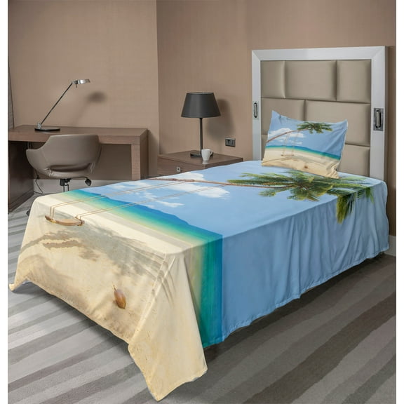 Ambesonne Tropical Fitted & Top Sheet Set with Sham, Coconut Palms Island, Cream Blue Green