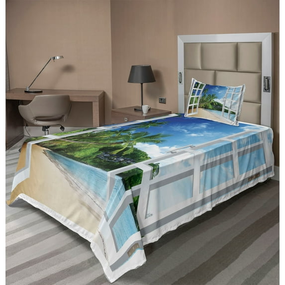 Ambesonne Tropical Fitted & Top Sheet Set with Sham, Green Colored Window View, Multicolor