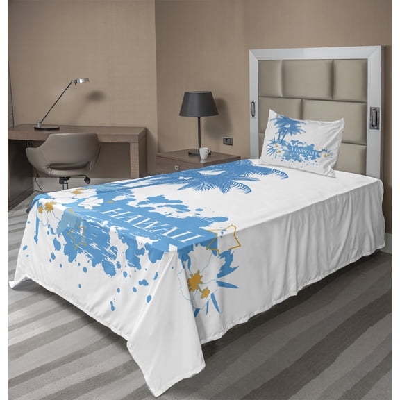 Ambesonne Tropical Fitted & Top Sheet Set with Sham, Hawaiian Island Aqua, Aqua White