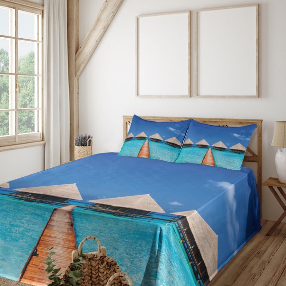 Ambesonne Tropical Fitted & Top Sheet Set with Shams, Maldives Clear Waters, Turquoise Azure Blue