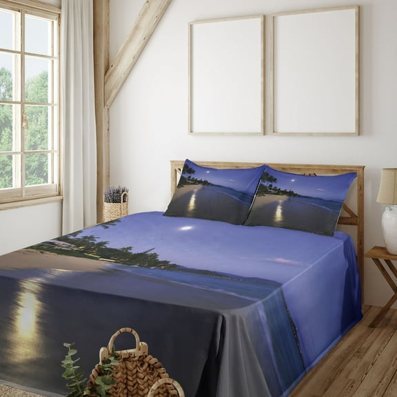Ambesonne Tropical Fitted & Top Sheet Set with Shams, Moonlight Hawaii Sea, Navy Sand