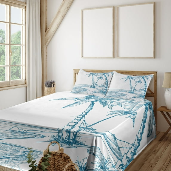 Ambesonne Tropical Fitted & Top Sheet Set with Shams, Palm Trees at Beach, Blue White
