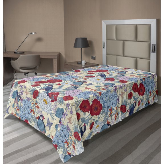 Ambesonne Tropical Flat Bedding Sheet Soft Top Sheet, Colorful Birds Butterfly, Twin, Dark Pink Pale Blue