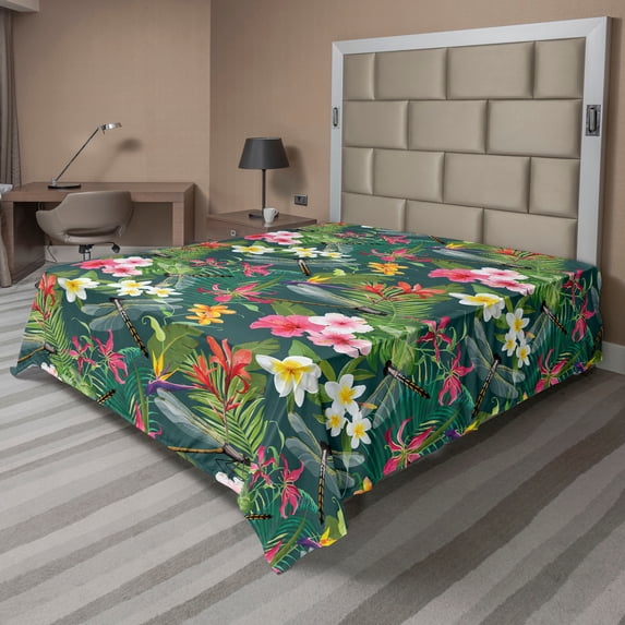 Ambesonne Tropical Flat Bedding Sheet Soft Top Sheet, Dragonflies Flowers Flora, Full, Lime Green Dark Coral