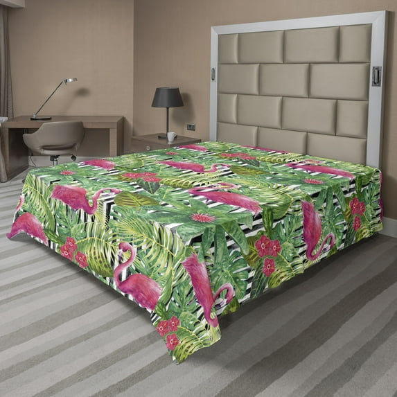 Ambesonne Tropical Flat Bedding Sheet Soft Top Sheet, Dreamy Flamingo Hibiscus, Full, Hot Pink Jade Green