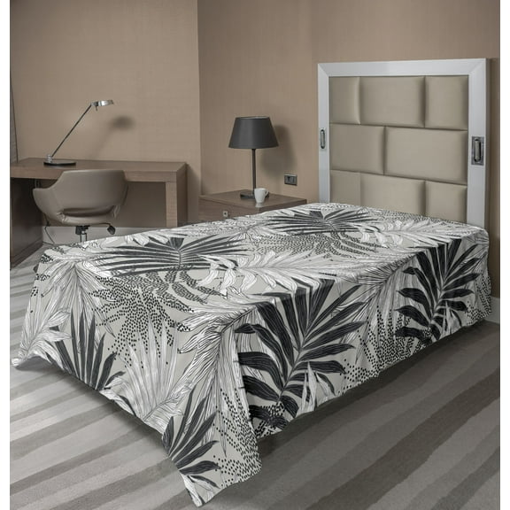 Ambesonne Tropical Flat Bedding Sheet Soft Top Sheet, Exotic Leaves Dots Dark, Twin XL, Charcoal Grey and White