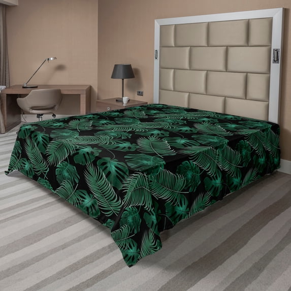 Ambesonne Tropical Flat Bedding Sheet Soft Top Sheet, Exotic Monstera Summer Art, California King, Black and Hunter Green