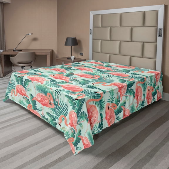 Ambesonne Tropical Flat Bedding Sheet Soft Top Sheet, Flamingos Botanical Exotic, Full, Pale Ruby Grey Teal