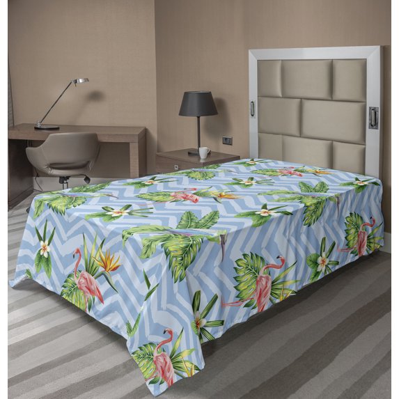 Ambesonne Tropical Flat Bedding Sheet Soft Top Sheet, Flamingos Flowers Monstera, Twin, Pale Azure Blue Emerald