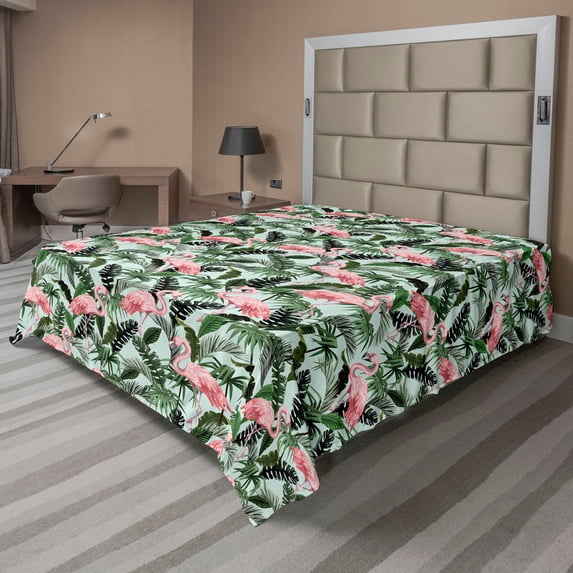 Ambesonne Tropical Flat Bedding Sheet Soft Top Sheet, Flamingos Leaves Exotic, Full, Pale Pink and Olive Green