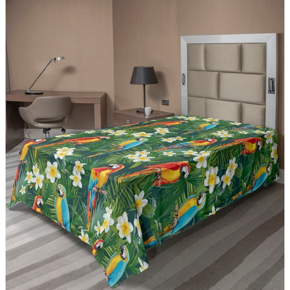 Ambesonne Tropical Flat Bedding Sheet Soft Top Sheet, Flora Leaves Parrots Art, Twin XL, Mustard Olive Green
