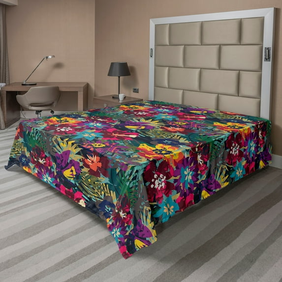 Ambesonne Tropical Flat Bedding Sheet Soft Top Sheet, Flowers Exotic Overlapping, Queen, Sea Blue Dark Magenta