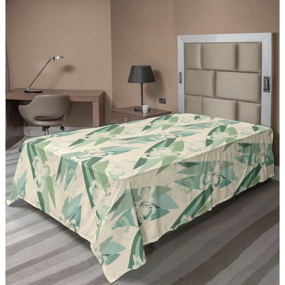 Ambesonne Tropical Flat Bedding Sheet Soft Top Sheet, Iris Flowers Leaves Floral, Twin, Laurel Green Pale Seafoam
