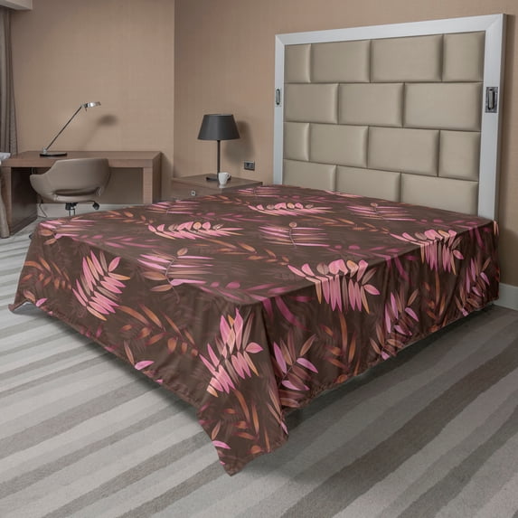 Ambesonne Tropical Flat Bedding Sheet Soft Top Sheet, Jungle Leaves Overlapping, Full, Soft Pink Pale Brown