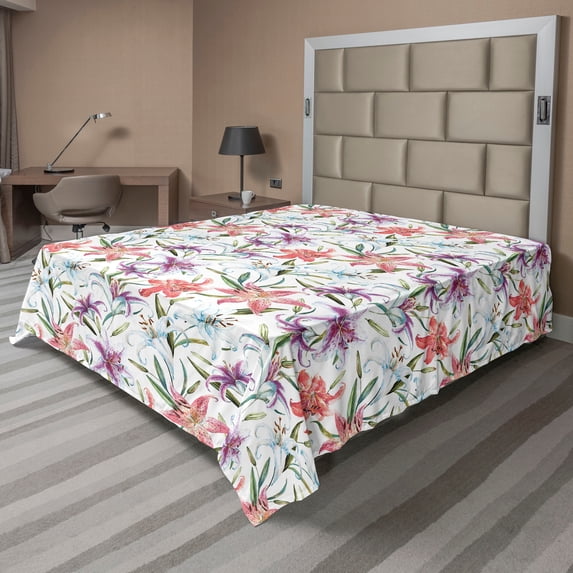 Ambesonne Tropical Flat Bedding Sheet Soft Top Sheet, Multicolored Lilies Leaves, Full, Dark Salmon Olive Green