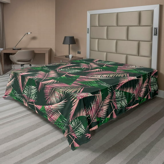 Ambesonne Tropical Flat Bedding Sheet Soft Top Sheet, Palm Leaves Exotic Garden, Full, Emerald Pink and Green