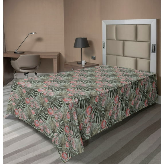 Ambesonne Tropical Flat Bedding Sheet Soft Top Sheet, Palm Monstera Protea Art, Twin XL, Sage Green and Dried Rose