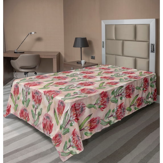 Ambesonne Tropical Flat Bedding Sheet Soft Top Sheet, Protea Flowers Watercolor, Twin XL, Pale Maroon and Lime Green