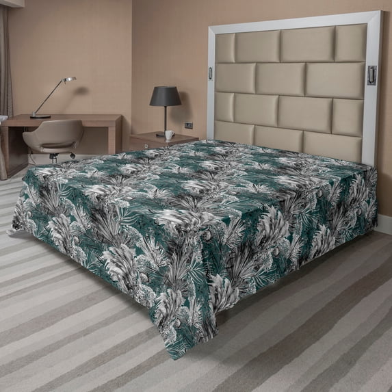 Ambesonne Tropical Flat Bedding Sheet Soft Top Sheet, Proteas Exotic Branches, King, Dark Teal and Pale Grey