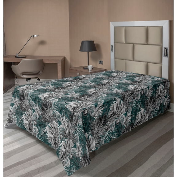 Ambesonne Tropical Flat Bedding Sheet Soft Top Sheet, Proteas Exotic Branches, Twin, Dark Teal and Pale Grey