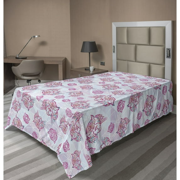 Ambesonne Tropical Flat Bedding Sheet Soft Top Sheet, Tiger Faces Geometric Back, Twin XL, Pale Purple Jade Green