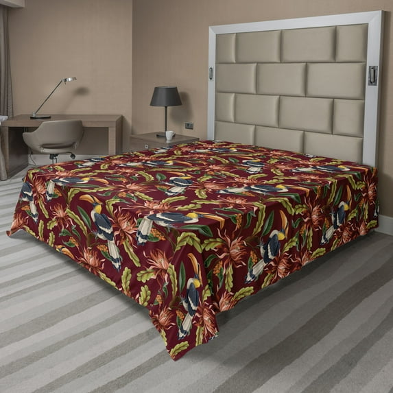 Ambesonne Tropical Flat Bedding Sheet Soft Top Sheet, Toucan Birds Flowers Plot, King, Olive Green and Orange