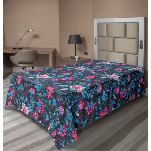 Ambesonne Tropical Flat Bedding Sheet Soft Top Sheet, Traditional Flora Ornament, Twin XL, Soft Pink and Dark Lavender